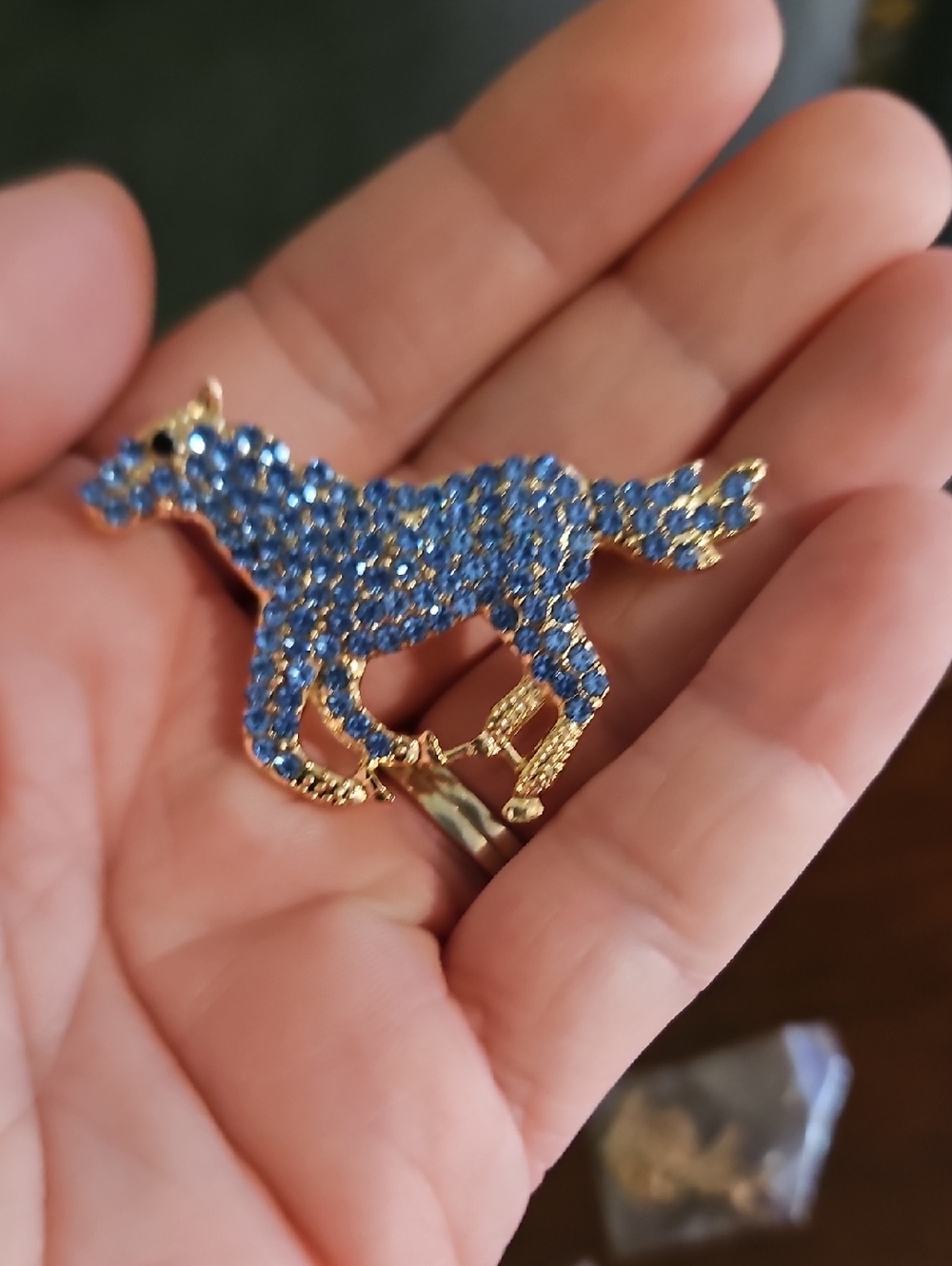 Blue Crystal Horse Brooch with Gold Tone Setting